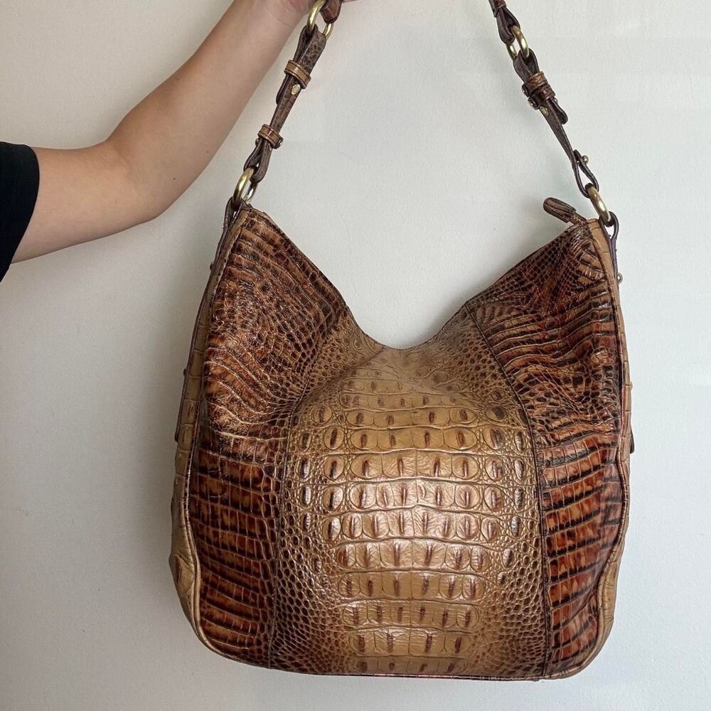 Brahmin brown crocodile skin texture leather hobo bag with gold hardware